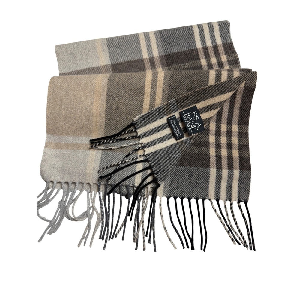 Jos. A. Bank Cashmere Scarf Grey Tan Plaid EUC 100% Cashmere Fringed 12x60 OS